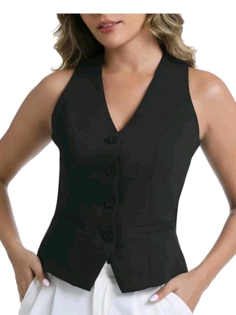 Classic Black Women's Button-Front Vest - Sleek Tailored Fit